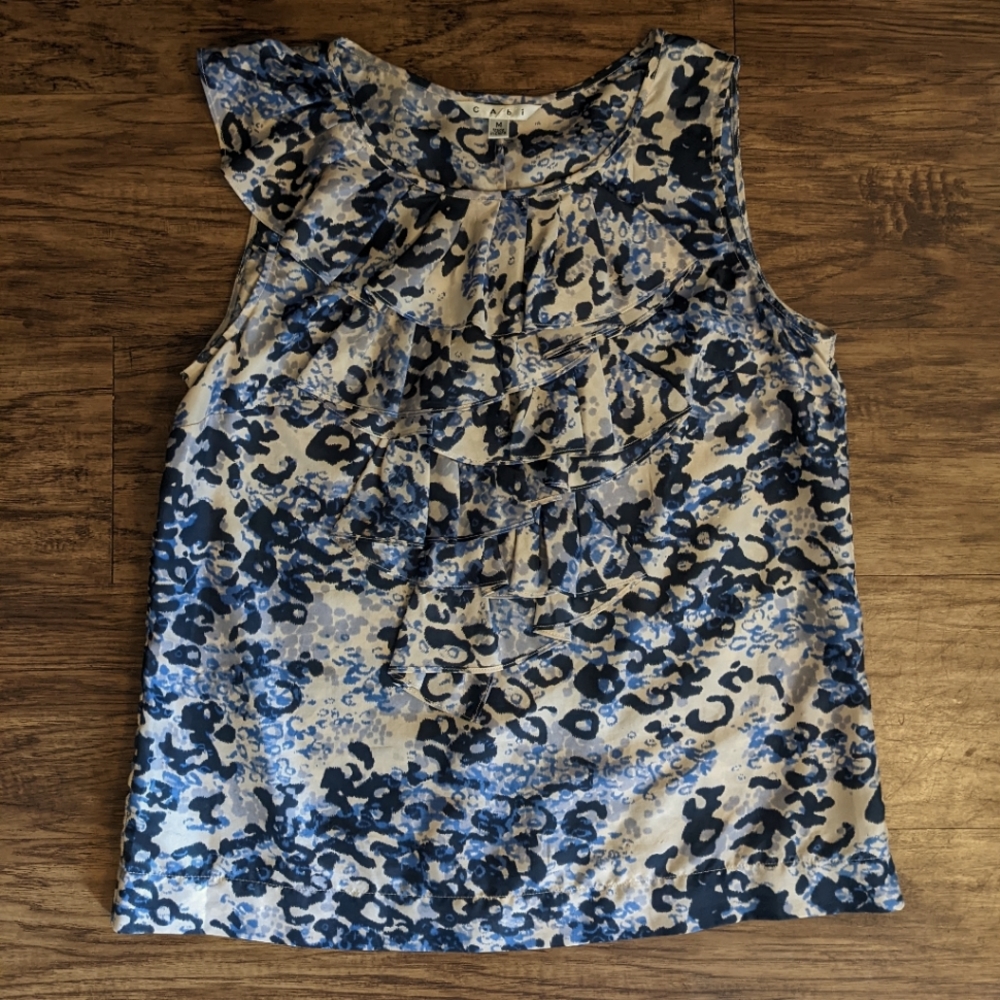 CAbi Blue and white Silk Sleeveless Top Ruffle Chest medium